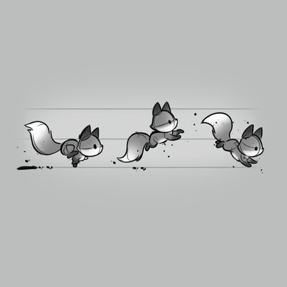 Premium Cotton T-shirt_TeeTurtle See Fox Run silver gray t-shirt featuring 3 gray cartoon foxes running in a line. 