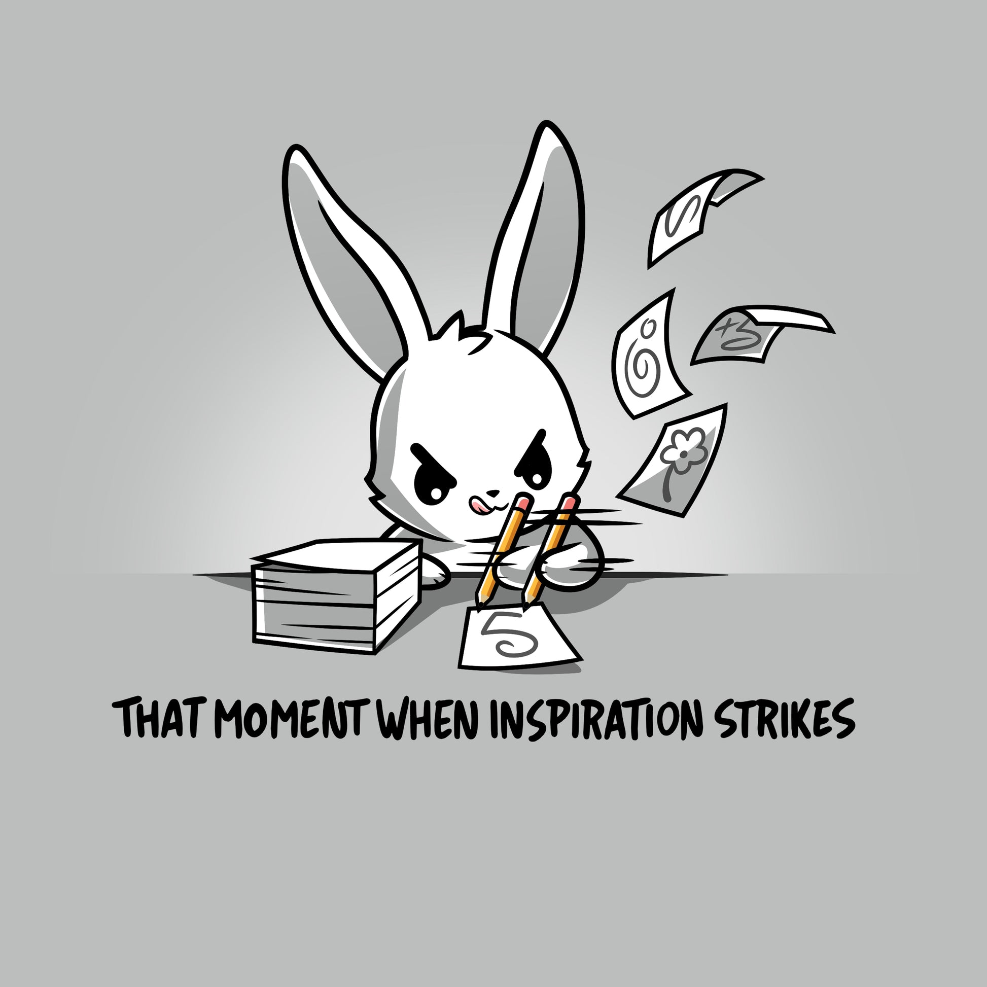 Premium Cotton T-shirt_TeeTurtle When Inspiration Strikes silver gray t-shirt featuring a white bunny rapidly writing on a stack of paper and making the paper fly away from writing so fast. "THAT MOMENT WHEN INSPIRATION STRIKES" is written below.