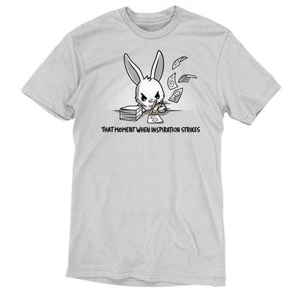 Premium Cotton T-shirt_TeeTurtle When Inspiration Strikes silver gray t-shirt featuring a white bunny rapidly writing on a stack of paper and making the paper fly away from writing so fast. "THAT MOMENT WHEN INSPIRATION STRIKES" is written below.