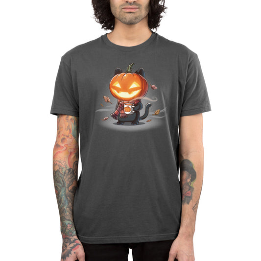 Premium Cotton T-shirt_TeeTurtle charcoal gray Ready for Fall featuring a cat wearing a scarf, pumpkin, and holding a cup of coffee.