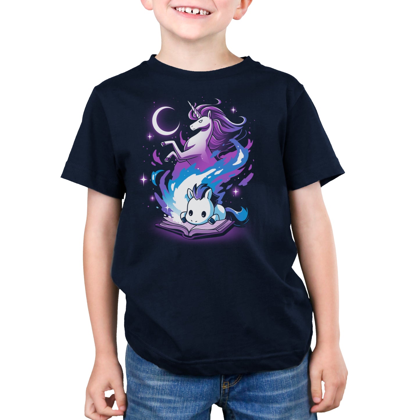 Premium Cotton T-shirt_TeeTurtle A Magical Tale navy blue t-shirt featuring an imaginative young horse reading a book with a magical unicorn in the background.