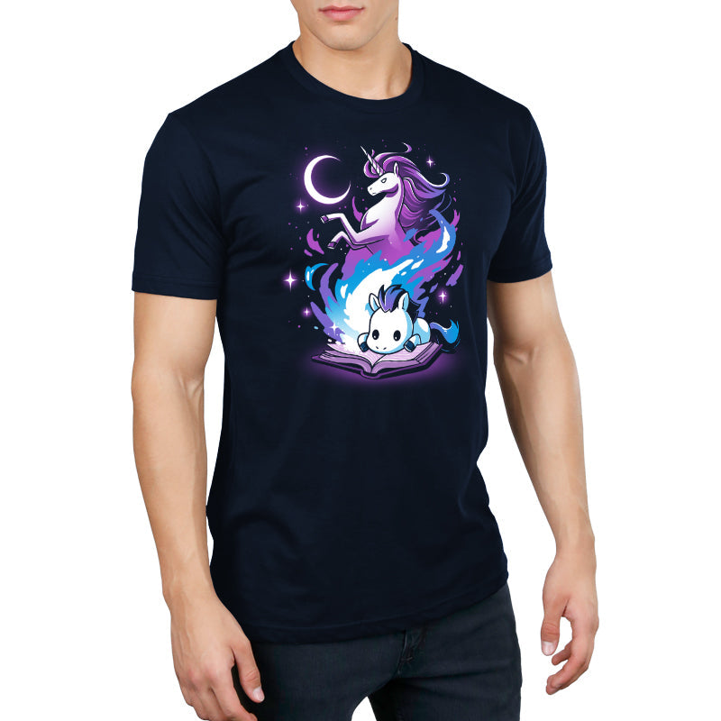 Premium Cotton T-shirt_TeeTurtle A Magical Tale navy blue t-shirt featuring an imaginative young horse reading a book with a magical unicorn in the background.