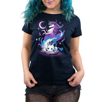 Premium Cotton T-shirt_TeeTurtle A Magical Tale navy blue t-shirt featuring an imaginative young horse reading a book with a magical unicorn in the background.