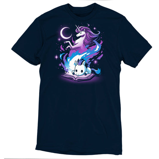 Premium Cotton T-shirt_TeeTurtle A Magical Tale navy blue t-shirt featuring an imaginative young horse reading a book with a magical unicorn in the background.