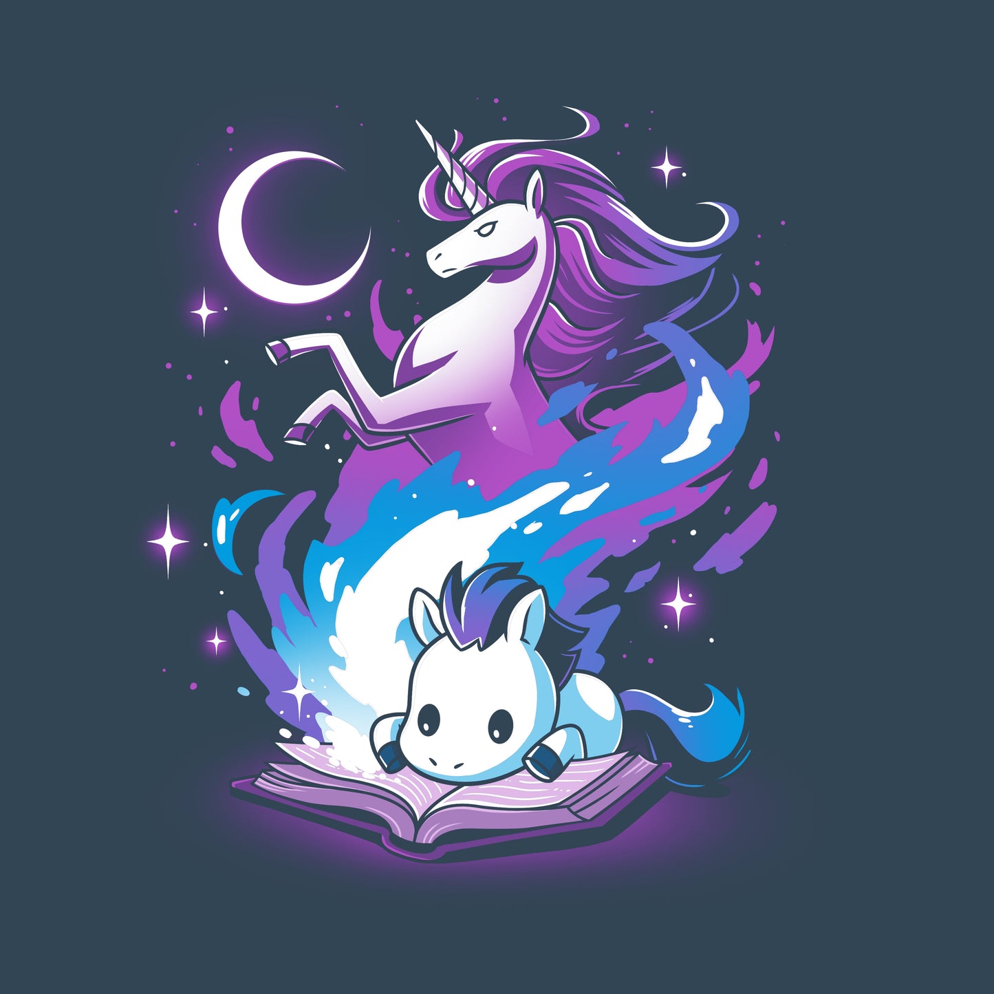 Premium Cotton T-shirt_TeeTurtle A Magical Tale navy blue t-shirt featuring an imaginative young horse reading a book with a magical unicorn in the background.