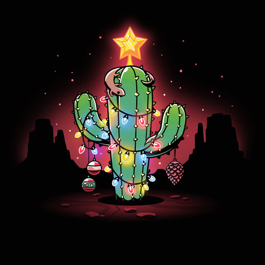 Premium Cotton T-shirt_TeeTurtle A Desert Christmas Black t-shirt featuring an artistic cactus with lights, ornaments, a star, and a gecko on top in front of a grand canyon inspired silhouetted background.