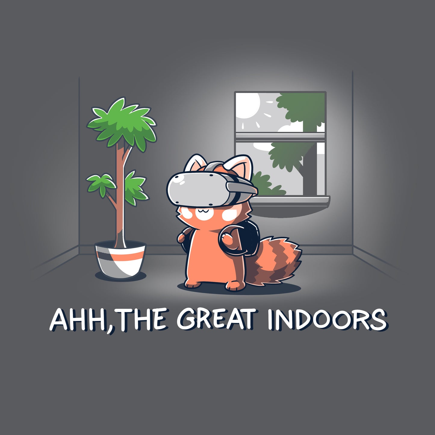 Premium Cotton T-shirt_TeeTurtle Ahh, The Great Indoors Charcoal Gray t-shirt featuring A cartoon fox wearing a VR headset stands indoors beside a potted plant and a window. The text below reads, "AHH, THE GREAT INDOORS". 