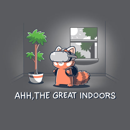 Premium Cotton T-shirt_TeeTurtle Ahh, The Great Indoors Charcoal Gray t-shirt featuring A cartoon fox wearing a VR headset stands indoors beside a potted plant and a window. The text below reads, "AHH, THE GREAT INDOORS". 