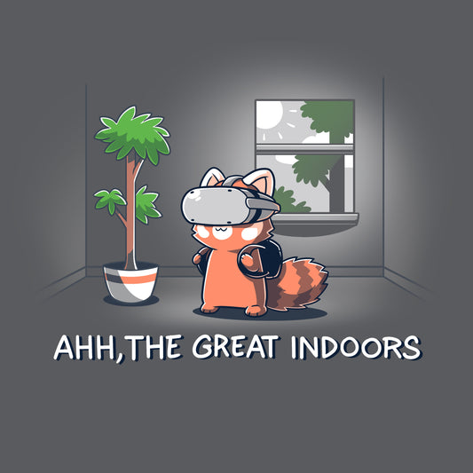 Premium Cotton T-shirt_TeeTurtle Ahh, The Great Indoors Charcoal Gray t-shirt featuring A cartoon fox wearing a VR headset stands indoors beside a potted plant and a window. The text below reads, 