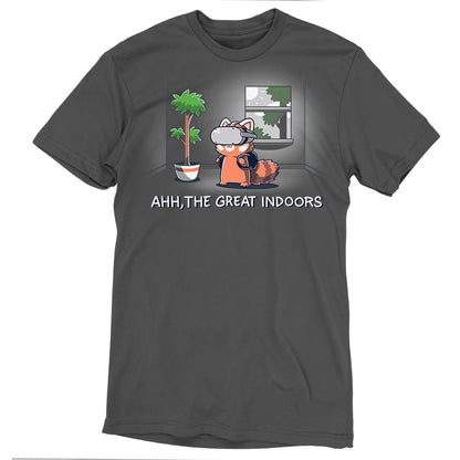 Premium Cotton T-shirt_TeeTurtle Ahh, The Great Indoors Charcoal Gray t-shirt featuring A cartoon fox wearing a VR headset stands indoors beside a potted plant and a window. The text below reads, "AHH, THE GREAT INDOORS". 