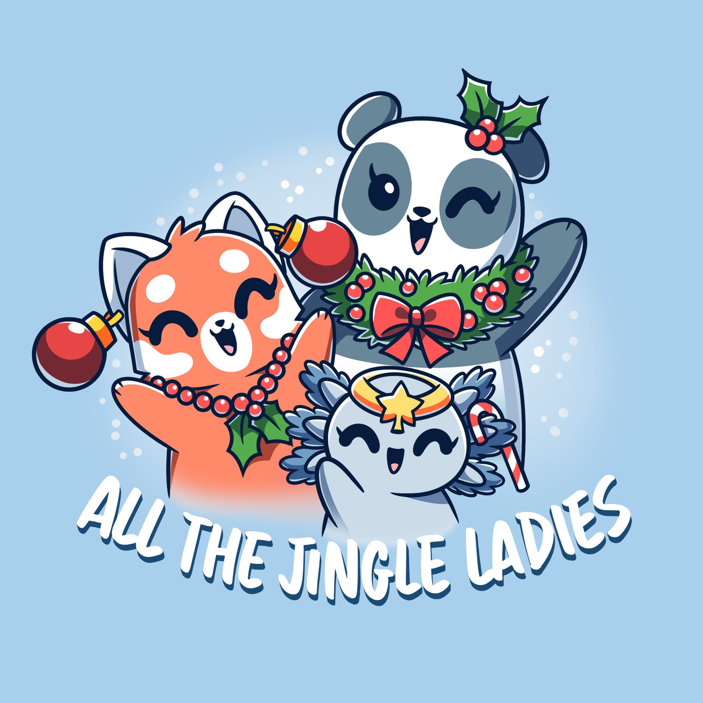 Premium Cotton T-shirt_TeeTurtle light blue All the Jingle Ladies apparel featuring a panda, red panda, and an axolotl wearing Christmas ornaments like jewelry.