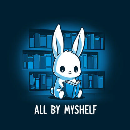 Premium Cotton T-shirt_TeeTurtle All By MyShelf navy blue t-shirt featuring a cute white rabbit sitting in front of bookshelves, reading a book, with the text "All By MyShelf" written below.