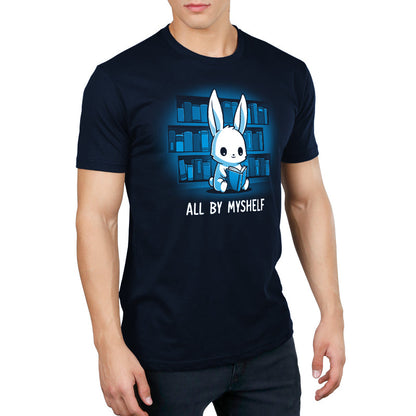 Premium Cotton T-shirt_TeeTurtle All By MyShelf navy blue t-shirt featuring a cute white rabbit sitting in front of bookshelves, reading a book, with the text "All By MyShelf" written below.