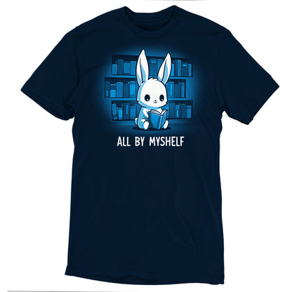 Premium Cotton T-shirt_TeeTurtle All By MyShelf navy blue t-shirt featuring a cute white rabbit sitting in front of bookshelves, reading a book, with the text "All By MyShelf" written below.