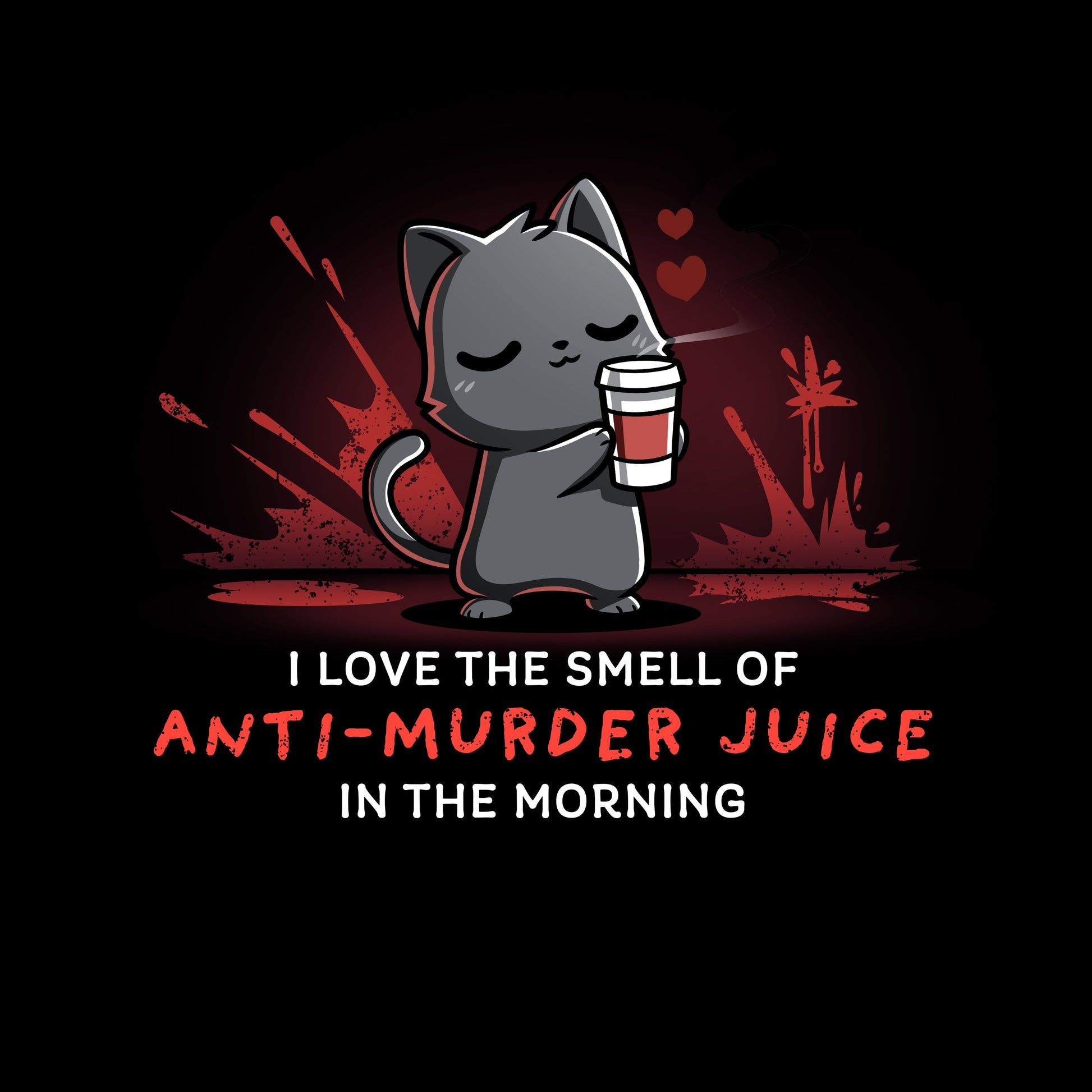 Premium Cotton T-shirt_TeeTurtle Anti-Murder Juice black t-shirt featuring a cat holding a coffee lovingly with red splatters behind.