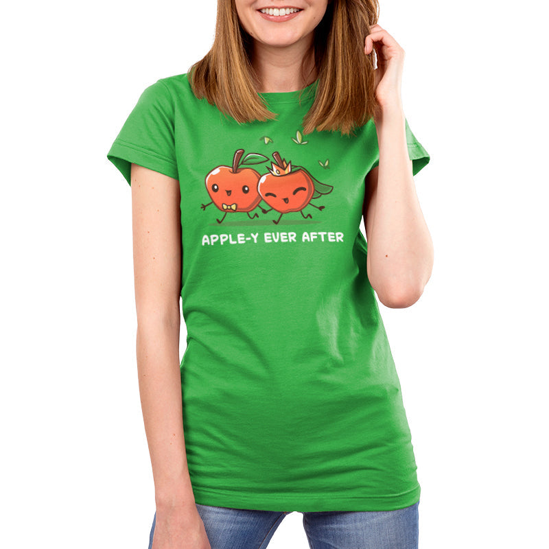 Premium Cotton T-shirt_TeeTurtle Apple-y Ever After apple green t-shirt featuring two animated apples with happy faces holding hands, one wearing a bow tie and the other a crown and veil. The text "APPLE-Y EVER AFTER" is displayed below. 