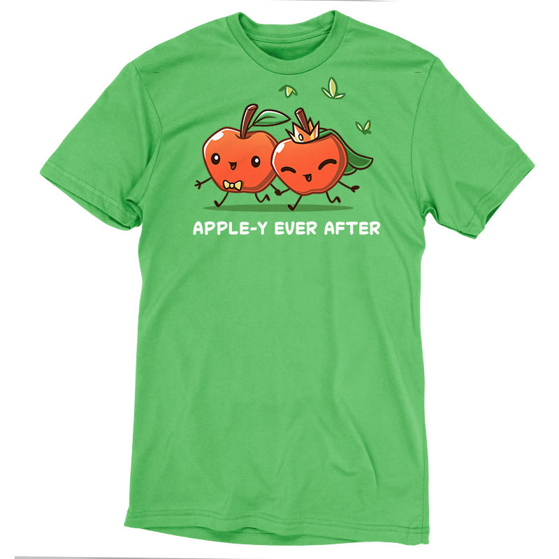 Premium Cotton T-shirt_TeeTurtle Apple-y Ever After apple green t-shirt featuring two animated apples with happy faces holding hands, one wearing a bow tie and the other a crown and veil. The text "APPLE-Y EVER AFTER" is displayed below. 