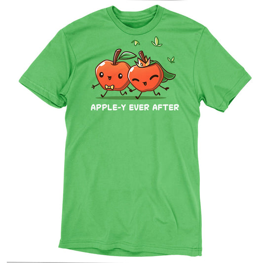 Premium Cotton T-shirt_TeeTurtle Apple-y Ever After apple green t-shirt featuring two animated apples with happy faces holding hands, one wearing a bow tie and the other a crown and veil. The text 