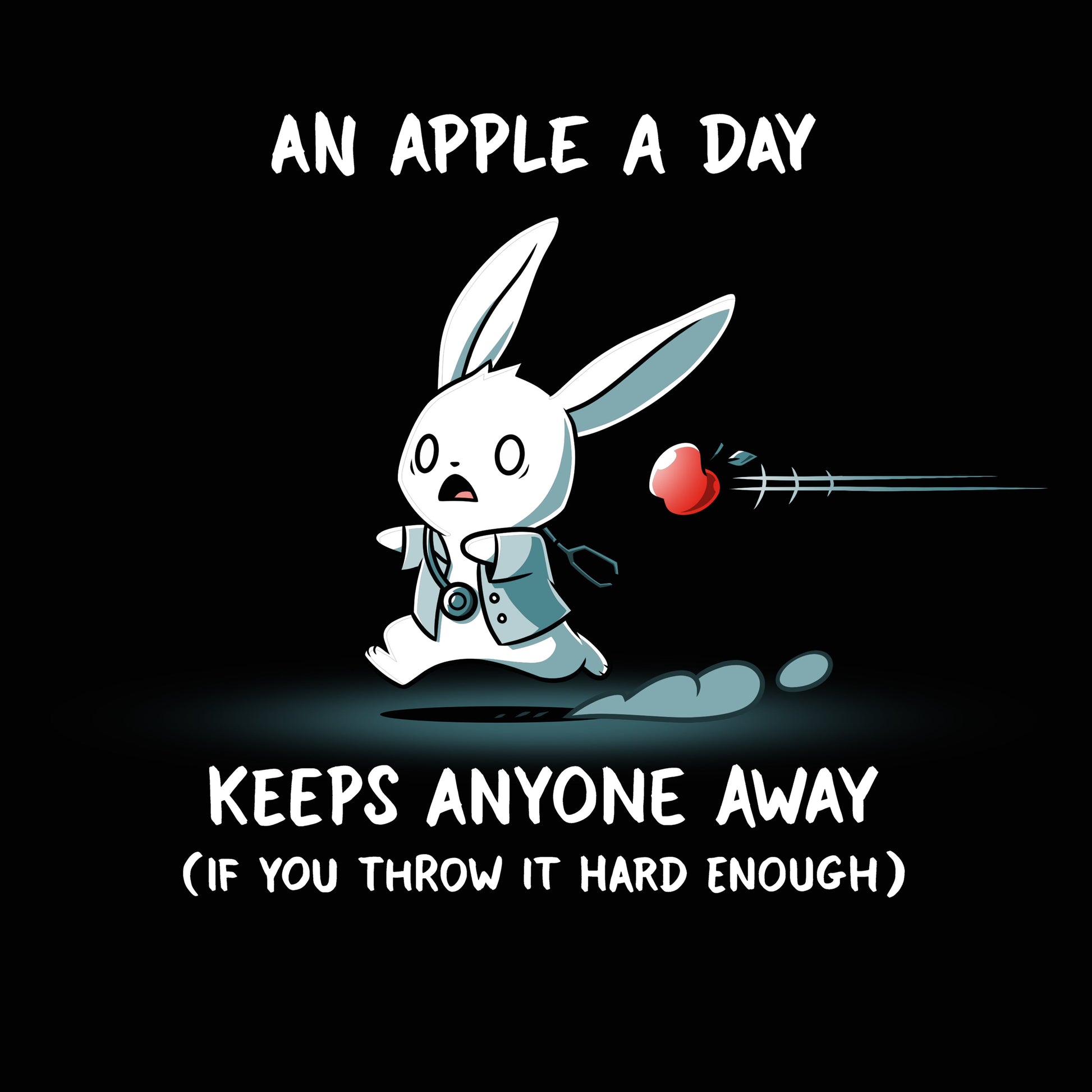 Premium Cotton T-shirt_TeeTurtle An Apple A Day Keeps Anyone Away black t-shirt featuring a rabbit, dressed in a doctor uniform, running away from a flying apple. Text above reads, "an apple a day keeps anyone away," and below, "(if you throw it hard enough)."