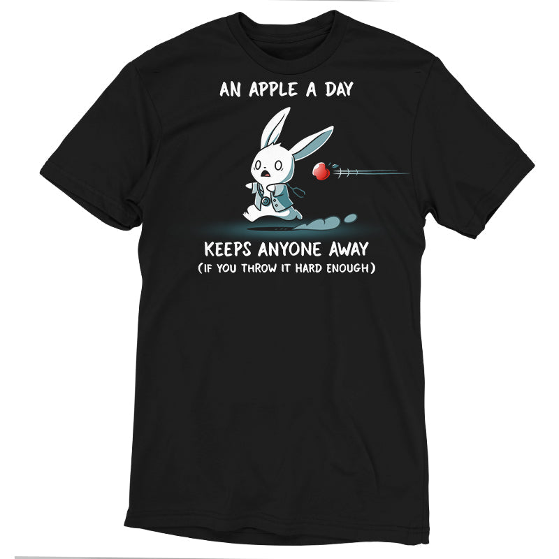 Premium Cotton T-shirt_TeeTurtle An Apple A Day Keeps Anyone Away black t-shirt featuring a rabbit, dressed in a doctor uniform, running away from a flying apple. Text above reads, "an apple a day keeps anyone away," and below, "(if you throw it hard enough)."