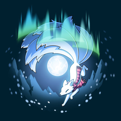 Premium Cotton T-shirt_TeeTurtle navy blue Aurora Kitsune apparel featuring a white kitsune running through the aurora borealis with snowy mountains and a full moon in the background.