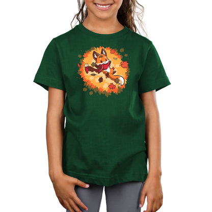 Premium Cotton T-shirt_A cartoon fox wearing a scarf lies on its back surrounded by colorful autumn leaves, showcased on a cozy forest green tee. This Autumn Fox apparel by monsterdigital captures the essence of the season in soft ringspun cotton.