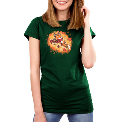 Premium Cotton T-shirt_A cartoon fox wearing a scarf lies on its back surrounded by colorful autumn leaves, showcased on a cozy forest green tee. This Autumn Fox apparel by monsterdigital captures the essence of the season in soft ringspun cotton.