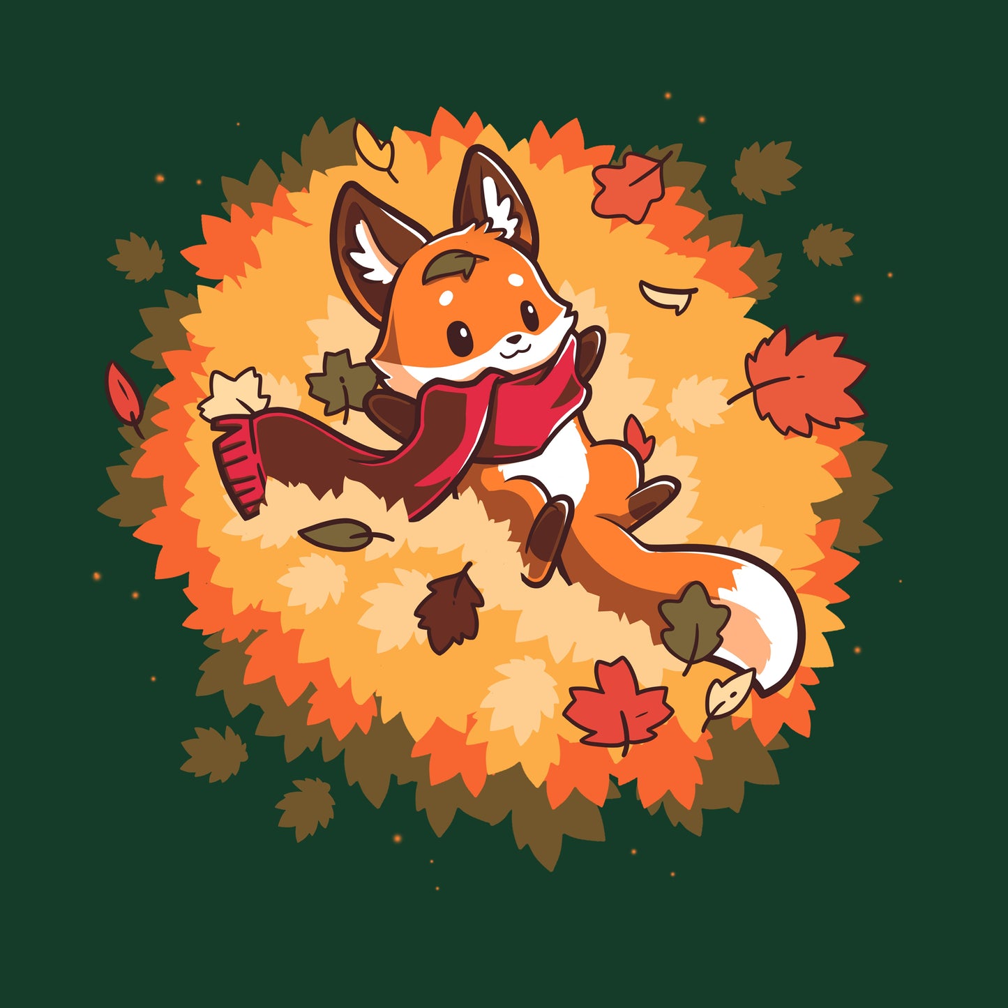 Premium Cotton T-shirt_A cartoon fox wearing a scarf lies on its back surrounded by colorful autumn leaves, showcased on a cozy forest green tee. This Autumn Fox apparel by monsterdigital captures the essence of the season in soft ringspun cotton.