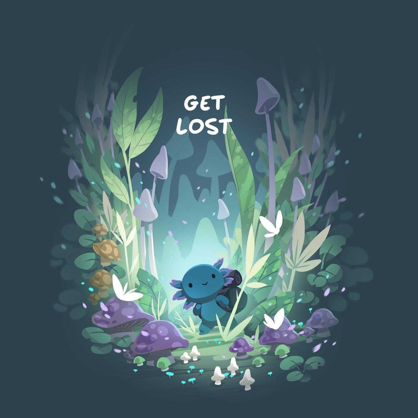 Premium Cotton T-shirt_TeeTurtle Axolotl Explorer denim t-shirt featuring an axolotl surrounded by vibrant, mystical forest plants and mushrooms, with the phrase "get lost" at the top.