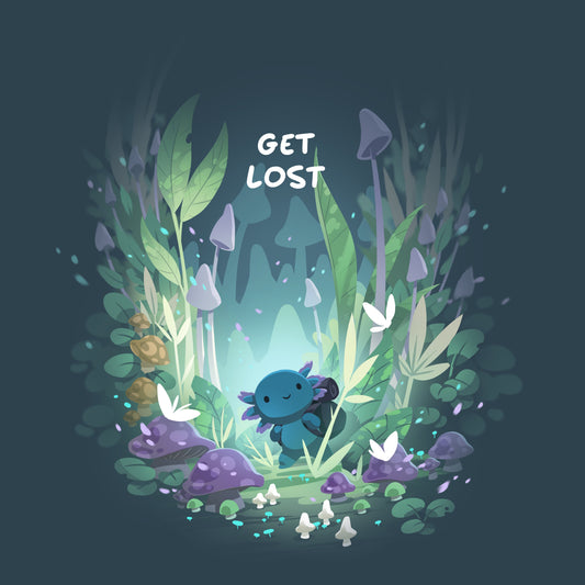 Premium Cotton T-shirt_TeeTurtle Axolotl Explorer denim t-shirt featuring an axolotl surrounded by vibrant, mystical forest plants and mushrooms, with the phrase 