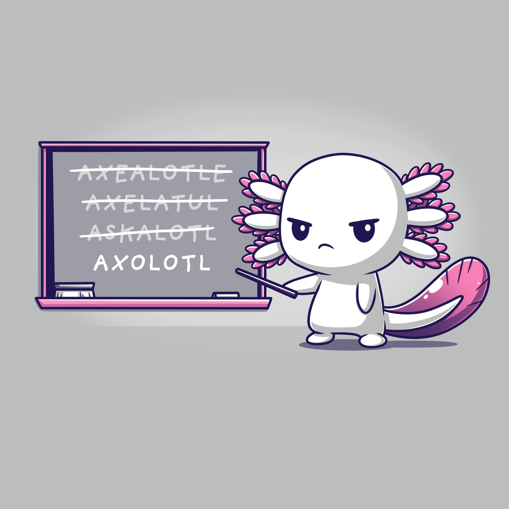 Premium Cotton T-shirt_TeeTurtle Axolotl Lesson Silver Gray t-shirt featuring a cartoon axolotl standing in front of a chalkboard for an "Axolotl Lesson," pointing at the correctly spelled word, while several incorrect spellings are crossed out. 