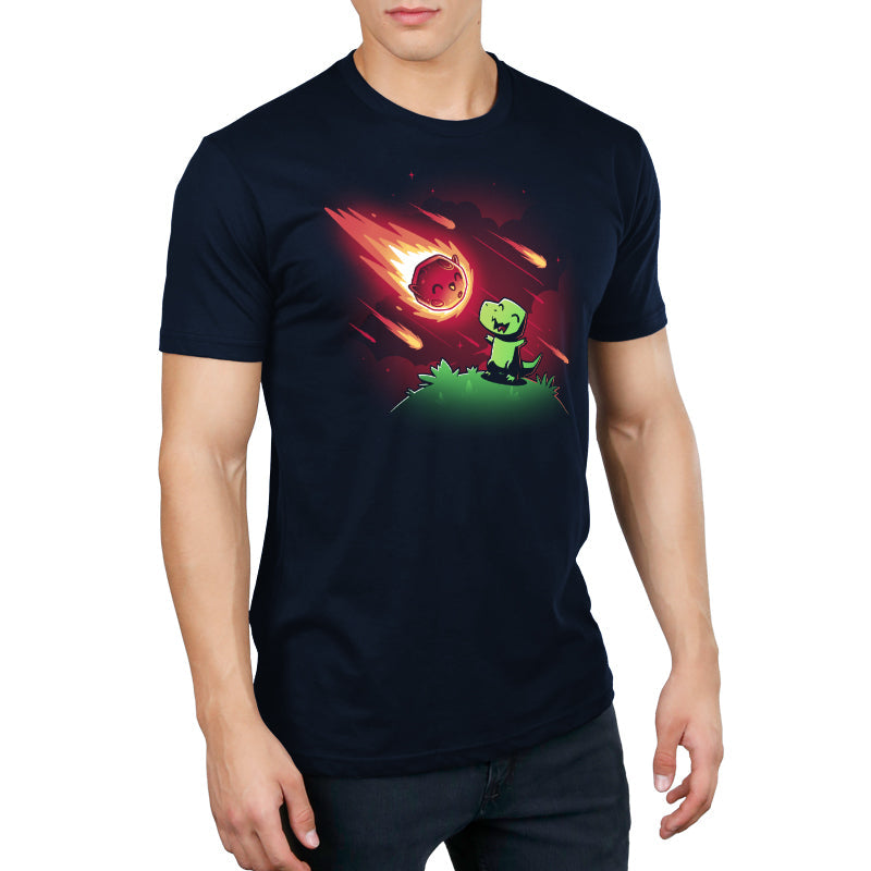 Premium Cotton T-shirt_Teeturtle BFFs (Dino and Meteor) navy blue t-shirt featuring a dinosaur looking up at a smiling, fiery meteor streaking across a starry night sky, surrounded by smaller meteors.