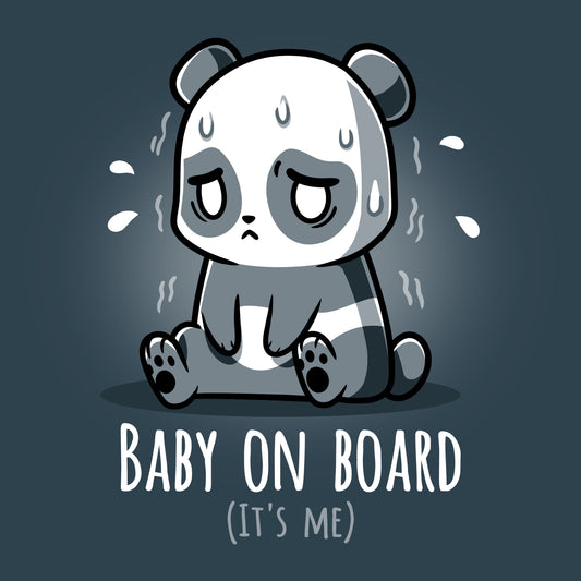 Premium Cotton T-shirt_TeeTurtle denim blue Baby on Board (It's Me) featuring an anxious panda sitting down.