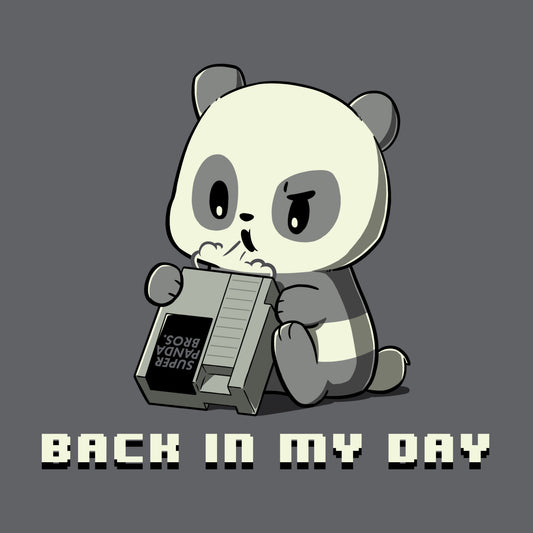 Premium Cotton T-shirt_A cartoon panda blows into an old video game cartridge labeled 