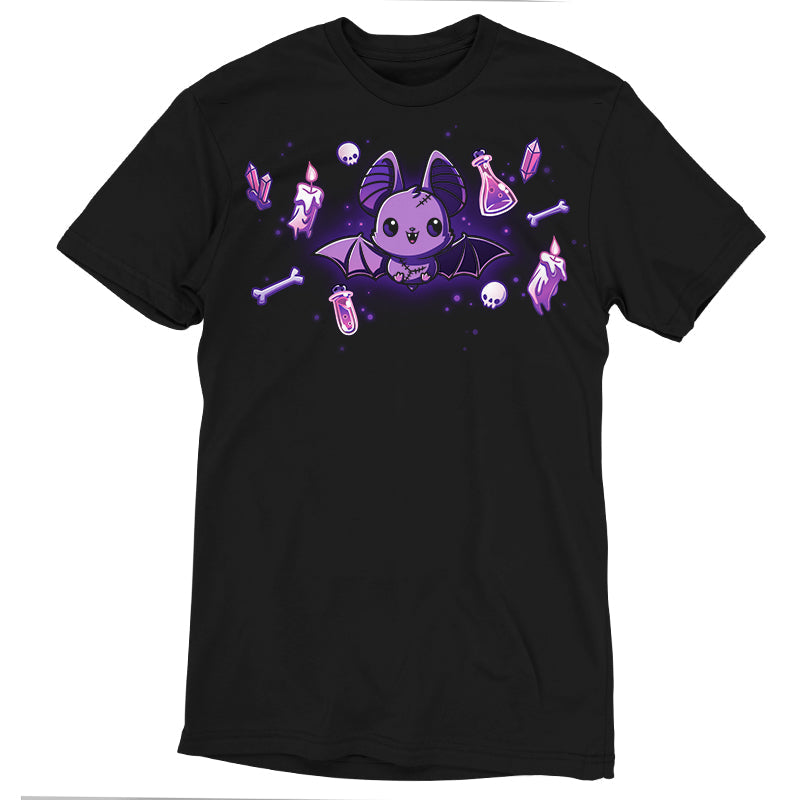 Premium Cotton T-shirt_TeeTurtle Bat & Baubles black t-shirt featuring a bat surrounded by glowing candles, bones, potion bottles, skulls, and crystals.