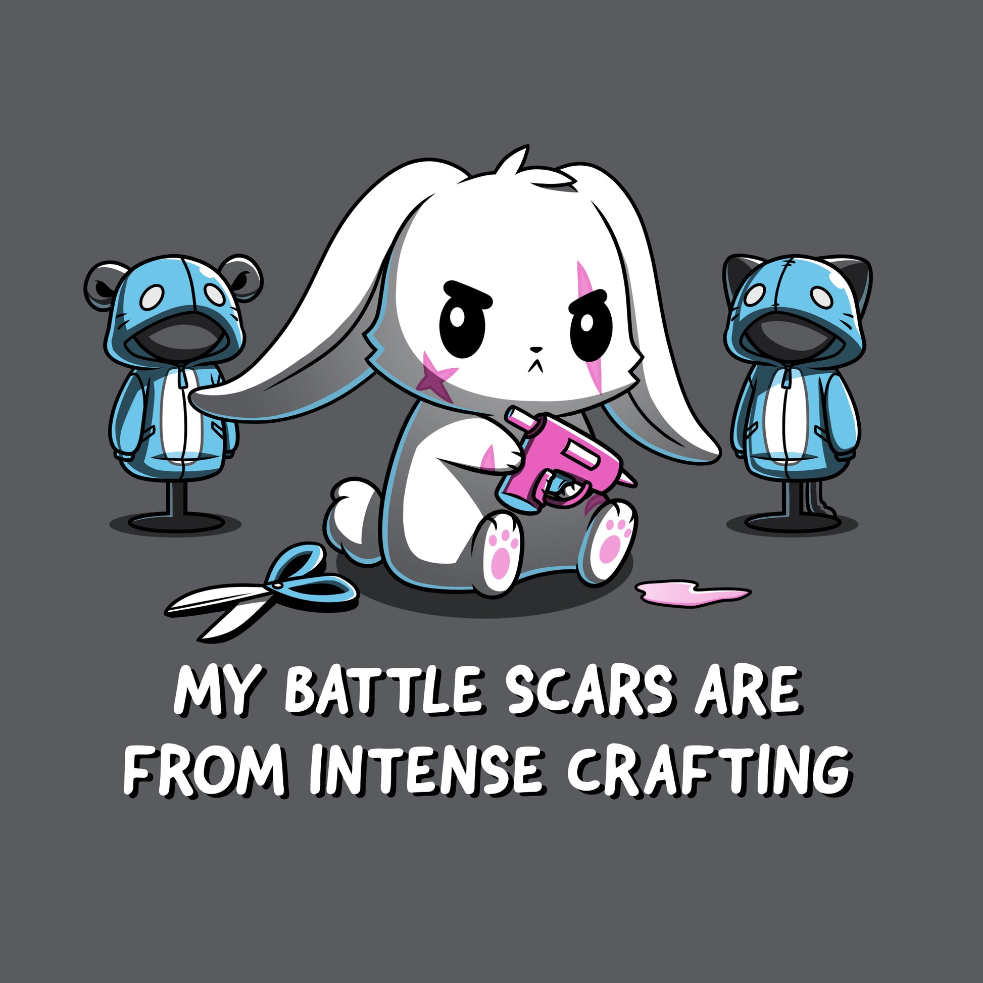 Premium Cotton T-shirt_TeeTurtle Battle Scars charcoal gray t-shirt featuring a determined cartoon rabbit holding a hot glue gun, surrounded by sewing supplies and mannequins, with the text "My battle scars are from intense crafting" below.