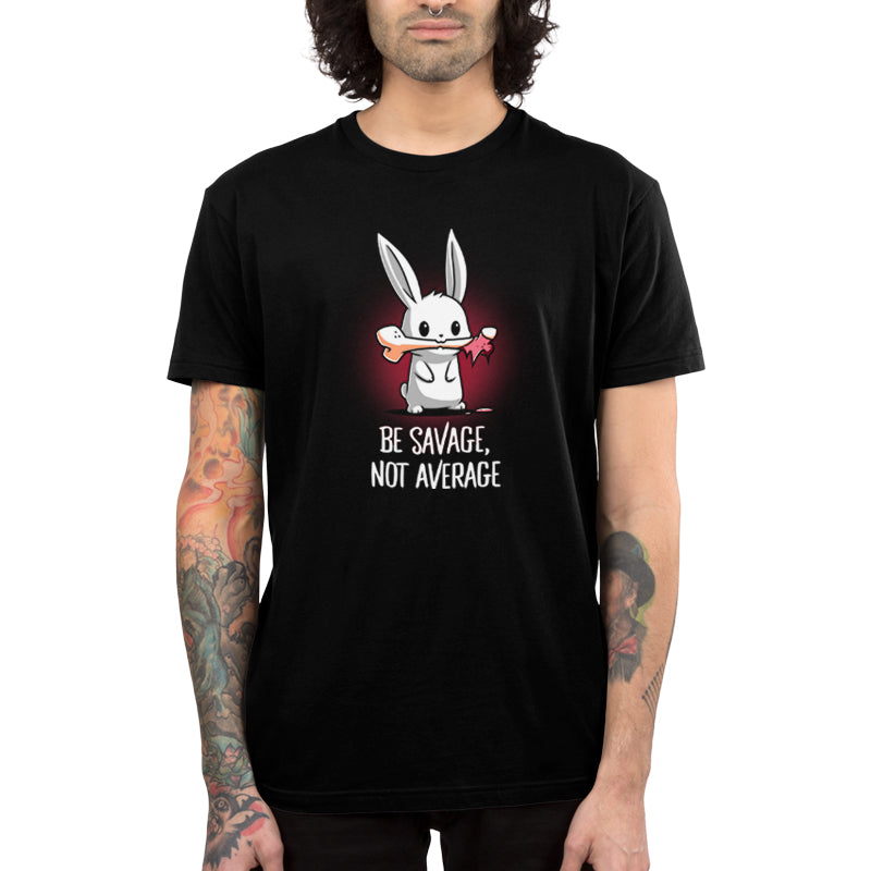 Premium Cotton T-shirt_TeeTurtle Be Savage, Not Average black t-shirt featuring a dark and dangerous bunny holding a bone in its mouth.