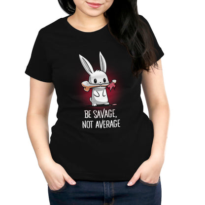 Premium Cotton T-shirt_TeeTurtle Be Savage, Not Average black t-shirt featuring a dark and dangerous bunny holding a bone in its mouth.