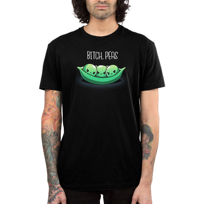 Premium Cotton T-shirt_Teeturtle Bitch, Peas black t-shirt featuring three peas with angry expressions in a pea pod against a black background. Text above them reads, "BITCH, PEAS."