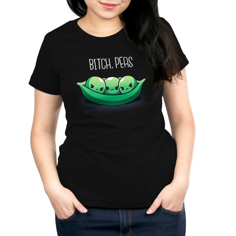 Premium Cotton T-shirt_Teeturtle Bitch, Peas black t-shirt featuring three peas with angry expressions in a pea pod against a black background. Text above them reads, "BITCH, PEAS."