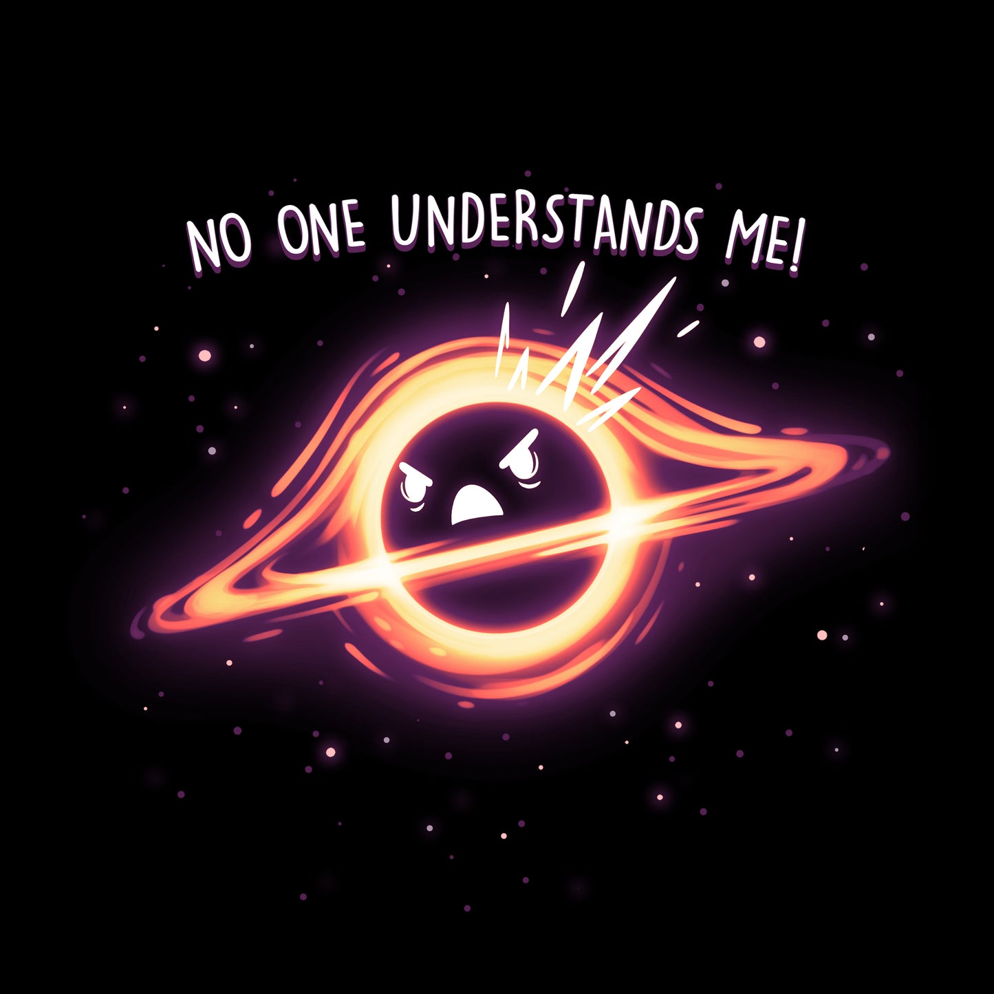 Premium Cotton T-shirt - Illustration of an angry cartoon planet with a fiery ring, set against a dark space background, printed on a monsterdigital Black Hole Angst apparel, with the phrase "no one understands me!" above it.