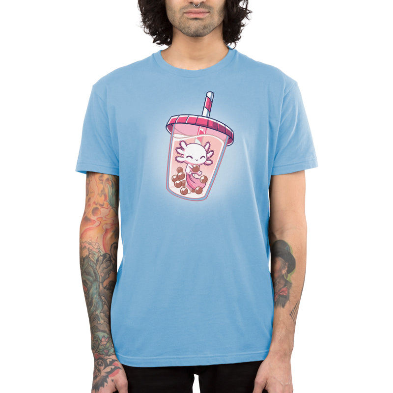 Premium Cotton T-shirt_TeeTurtle Boba Axolotl light blue t-shirt featuring an illustration of a white axolotl with a pink-shaded tail fin looking happy swimming amidst a cluster of brown tapioca pearls inside a boba drink with a pink lid on the cup and pink and white straw in the cup.