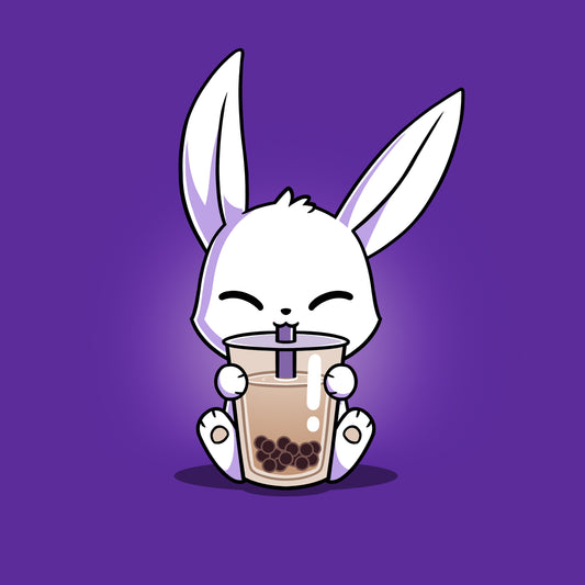 Premium Cotton T-shirt_Teeturtle Boba Bunny purple t-shirt featuring a cute white-furred bunny happily sipping a cup of Boba Tea.
