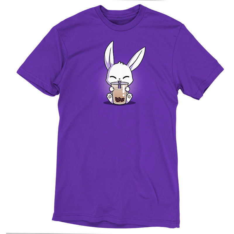 Premium Cotton T-shirt_Teeturtle Boba Bunny purple t-shirt featuring a cute white-furred bunny happily sipping a cup of Boba Tea.
