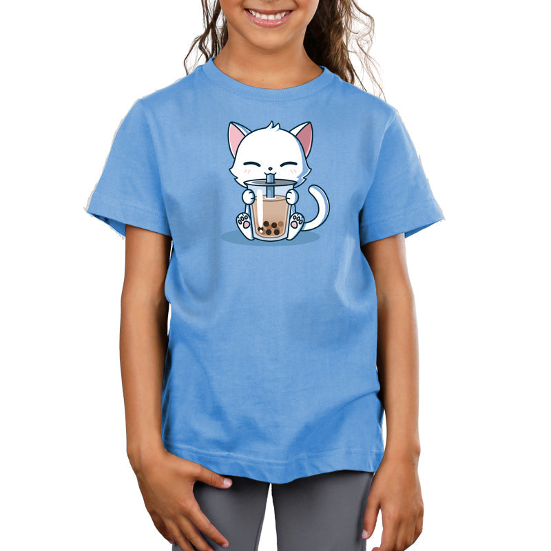 Premium Cotton T-shirt_TeeTurtle Boba Cat light blue t-shirt featuring a white cat contently sipping a brown boba drink. 