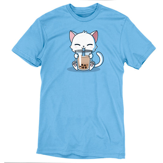 Premium Cotton T-shirt_TeeTurtle Boba Cat light blue t-shirt featuring a white cat contently sipping a brown boba drink. 