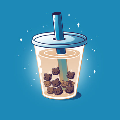 Premium Cotton T-shirt_Teeturtle Boba Kitties cobalt blue t-shirt featuring a cup of Boba Tea but with the Boba Pearls replaced with cute little cartoon kitten heads.