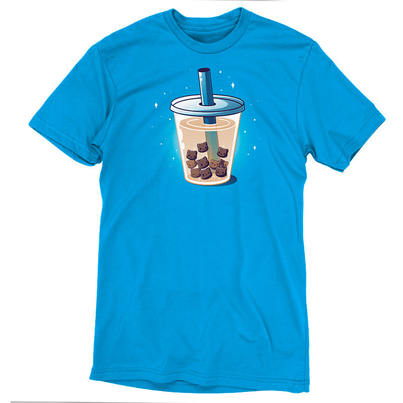 Premium Cotton T-shirt_Teeturtle Boba Kitties cobalt blue t-shirt featuring a cup of Boba Tea but with the Boba Pearls replaced with cute little cartoon kitten heads.