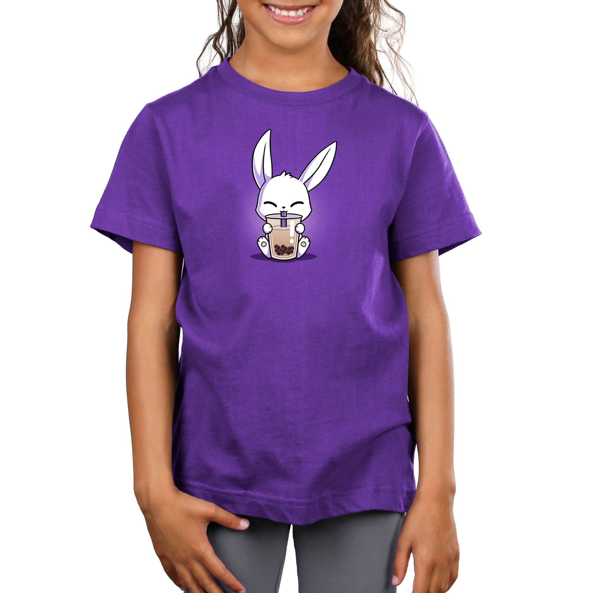 Premium Cotton T-shirt_Teeturtle Boba Bunny purple t-shirt featuring a cute white-furred bunny happily sipping a cup of Boba Tea.
