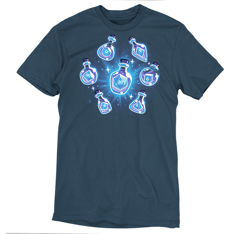 Premium Cotton T-shirt_TeeTurtle denim blue Bottled Dice t-shirt featuring a set of dice in potion bottles.